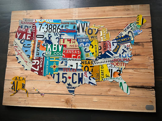 In-Stock Large License Plate Map of USA on Pallet Wood