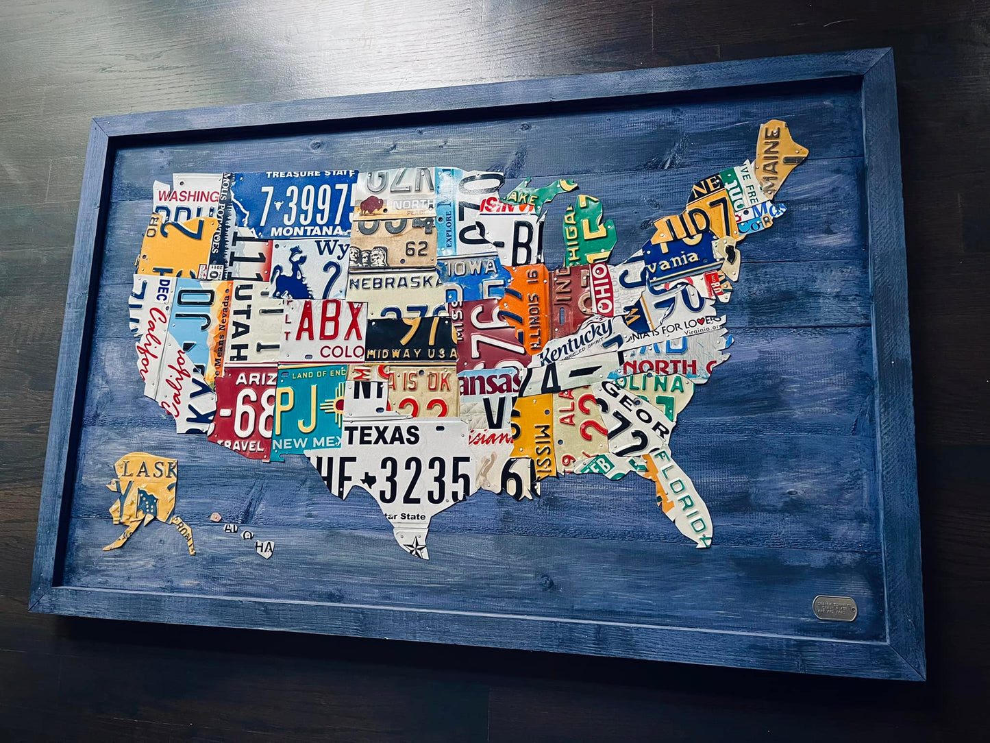 In-Stock Large Blue Framed License Plate Map of USA