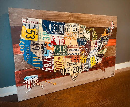 In-Stock Large USA License Plate Map on Assorted Wood Planks